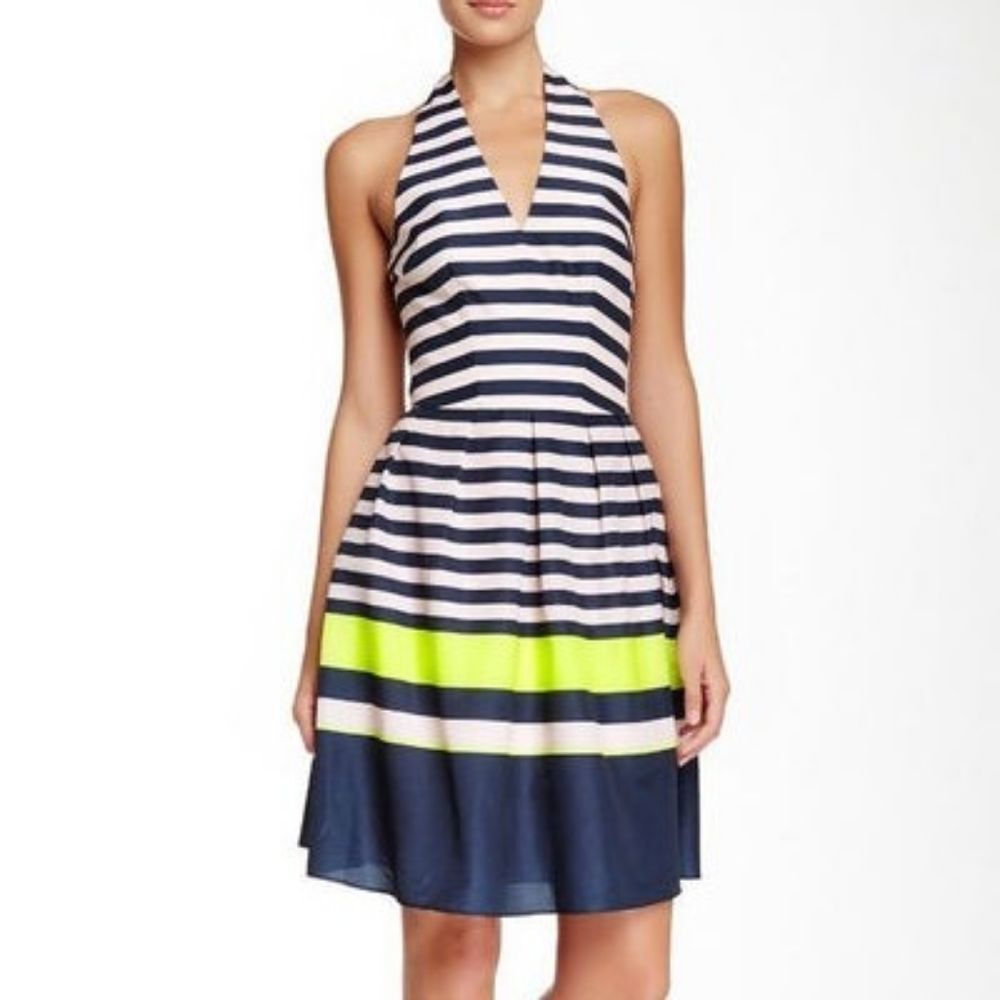 Ted Baker Navy Blue Light Pink Candy Bar Stripe Halter A-Line Dress 4 10 NWT